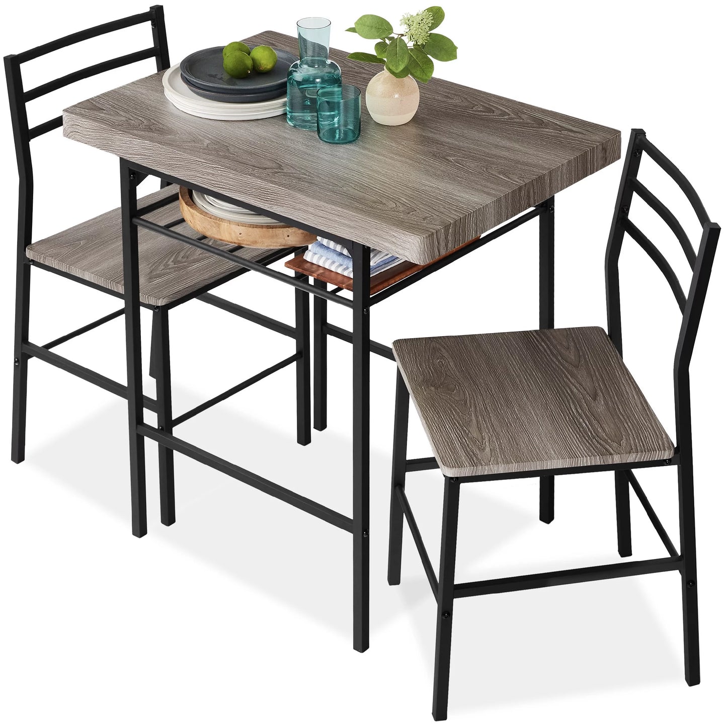 Best Choice Products 3-Piece Modern Dining Set, Square Table & Chairs Set w/ Steel Frame, Built-In Storage Rack - Brown
