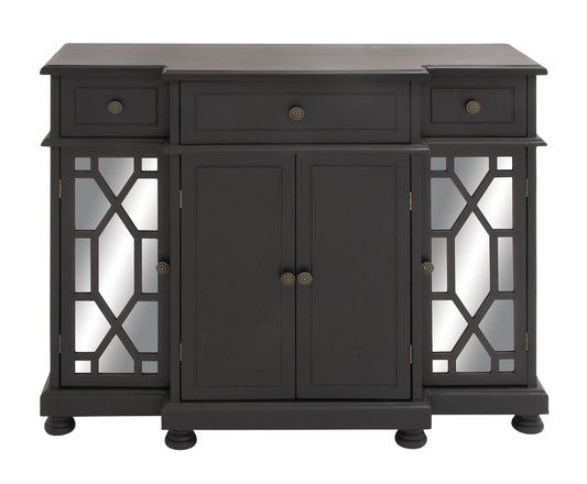 DecMode Wood Glam Cabinet with Geometric Mirror, Black, 43"W