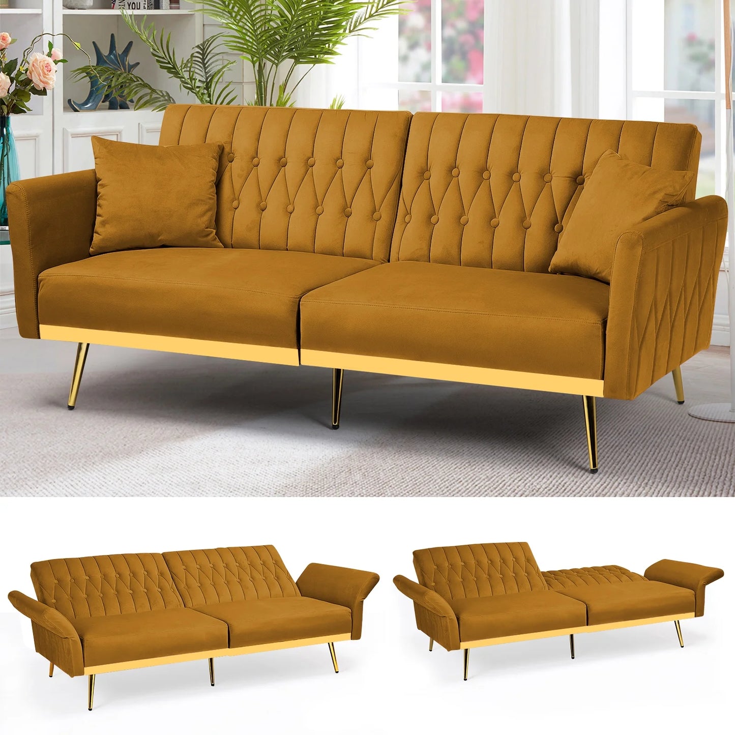 ACMEASE 70â?Velvet Futon Sofa Bed with Adjustable Armrests and 2 Pillows, Convertible Futon Couch, Ginger