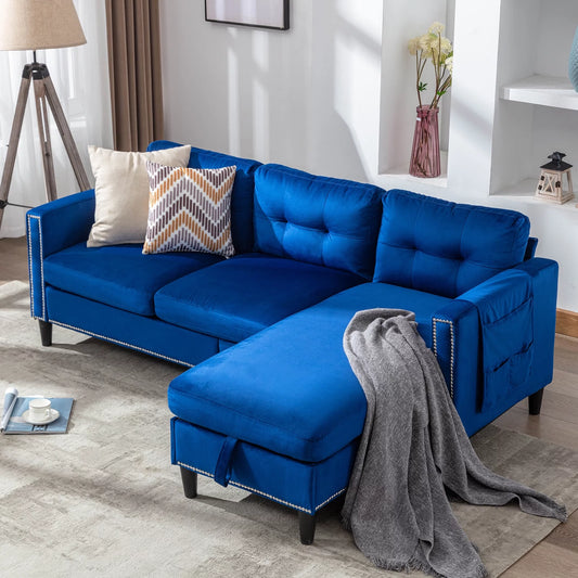 COSVALVE 78" L Shaped Sectional Couch Velvet Combination Sofa with USB, Removal Ottoman, Pocket Storage (Blue)