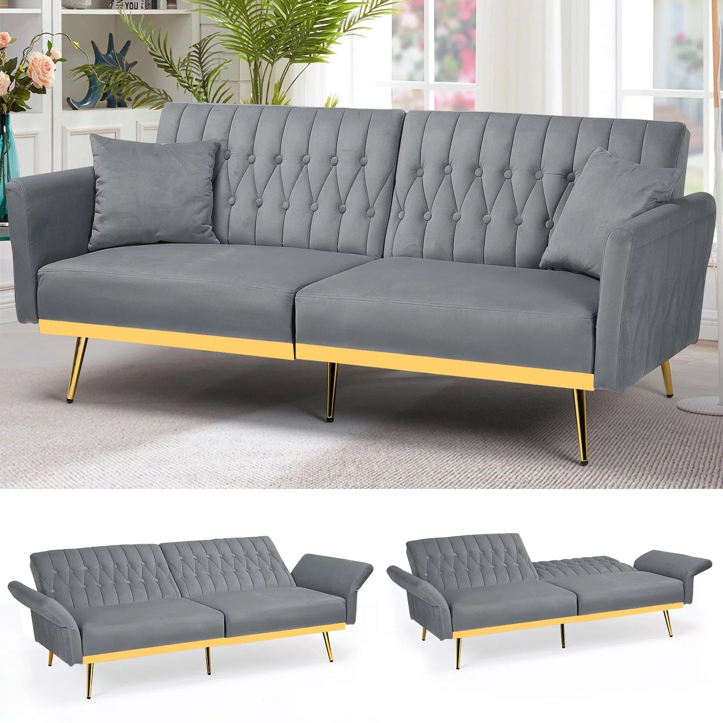 ACMEASE 70â?Velvet Futon Sofa Bed with Adjustable Armrests and 2 Pillows, Convertible Futon Couch, Ginger