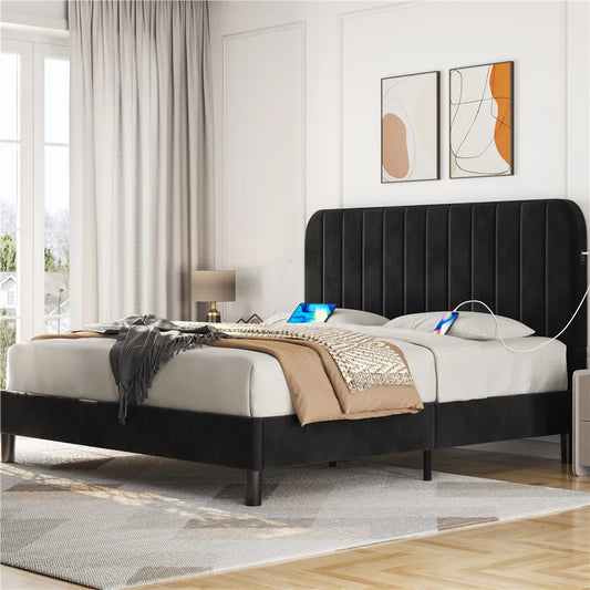Yaheetech Upholstered Queen Bed with Built-in USB Ports, Beige