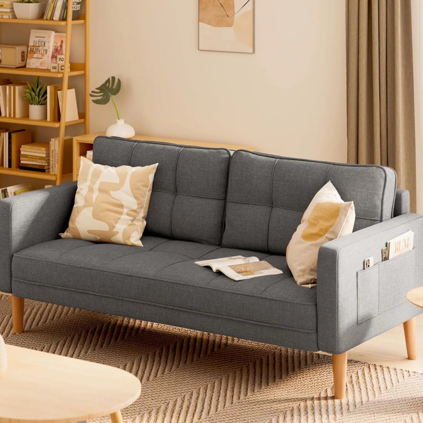 Aiho Modern Comfort Backrest Loveseat Sofa with Sturdy Wood Legs,Beige