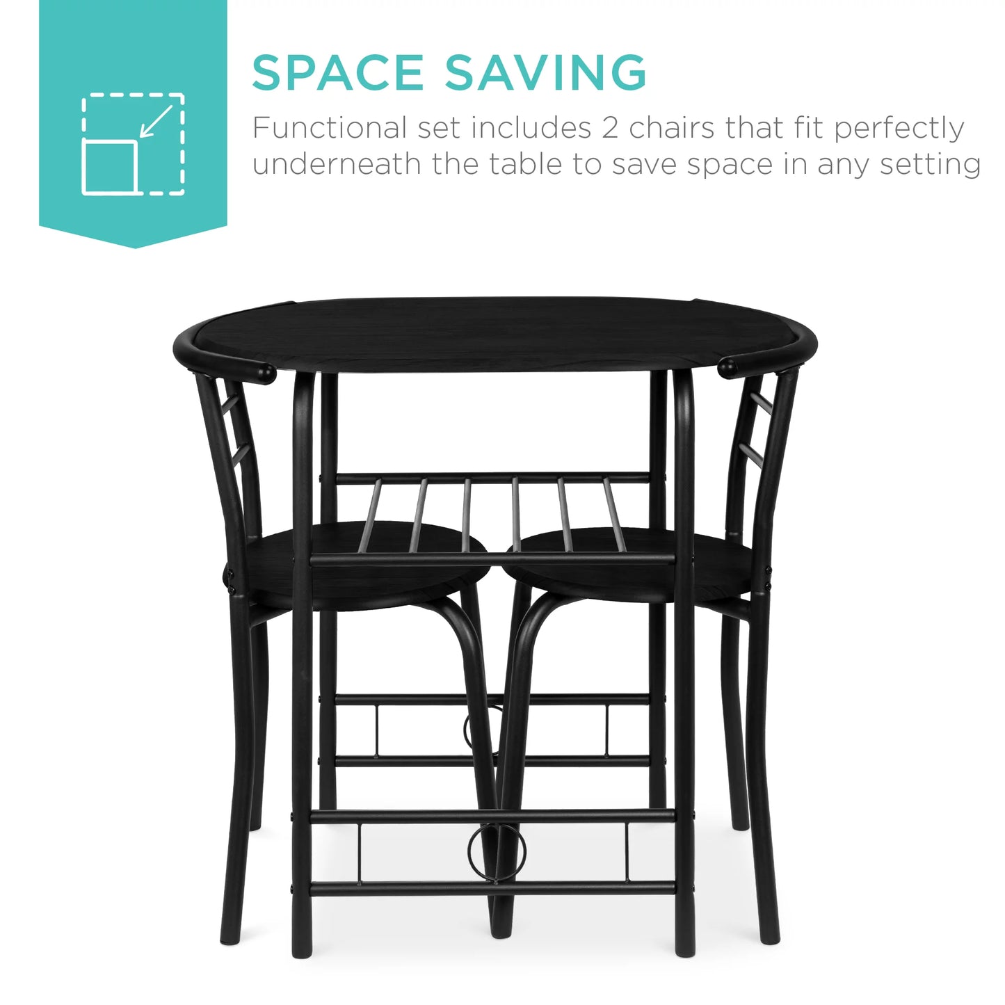 Best Choice Products 3-Piece Wood Dining Room Round Table & Chairs Set w/ Steel Frame, Built-In Wine Rack - Black/Brown