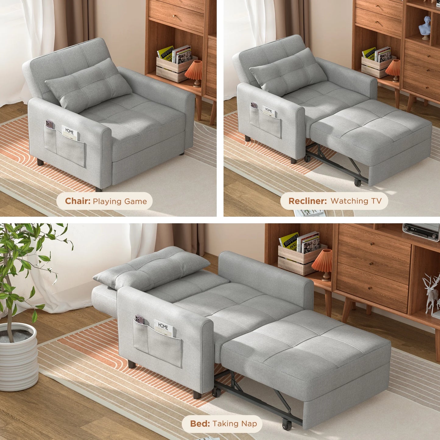 3 in 1 Convertible Sofa Beds Chair, Sleeper Sofa Bed for Adults, Light Gray