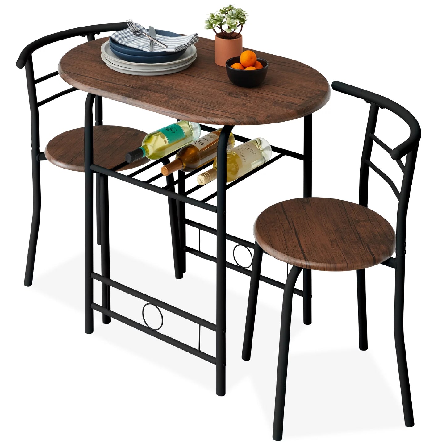 Best Choice Products 3-Piece Wood Dining Room Round Table & Chairs Set w/ Steel Frame, Built-In Wine Rack - Black/Brown